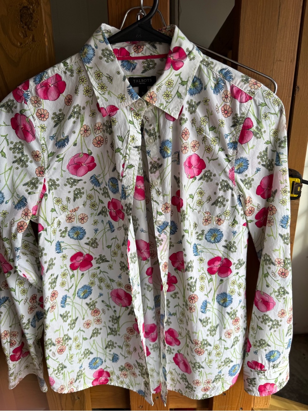 Talbots White Floral Button-Front Blouse with Pink Trim
